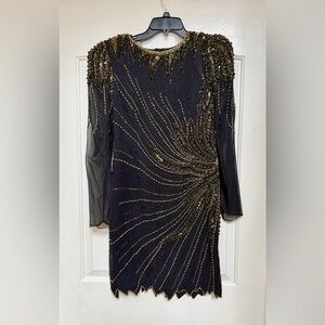 Alfred Angelo SILK HAND BEAD Sequin Black Gold Long Sleeve Dress 10 VINTAGE 80’s